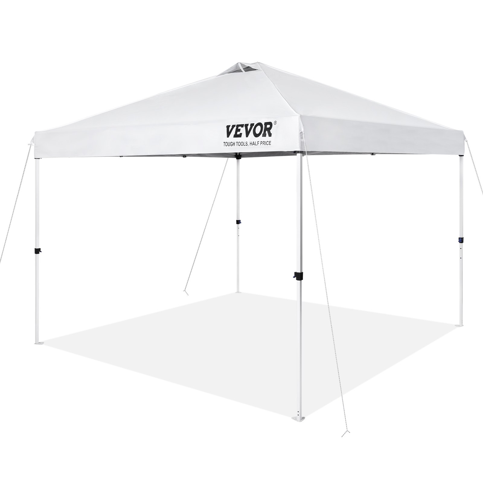 VEVOR pop up canopy tent with white cover, metal frame, and tie-down ropes. ideal for outdoor events.
