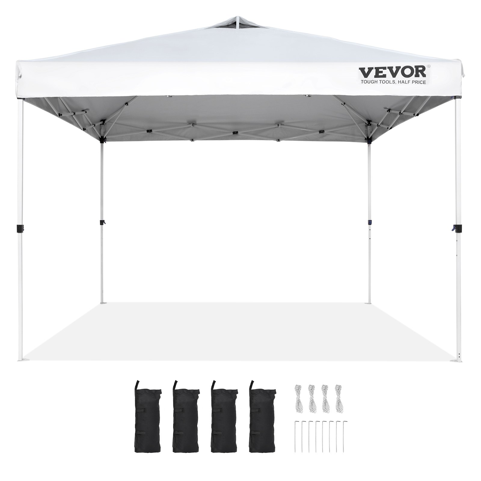 VEVOR pop up canopy tent with accessories including sandbags, ropes, and stakes, white roof.