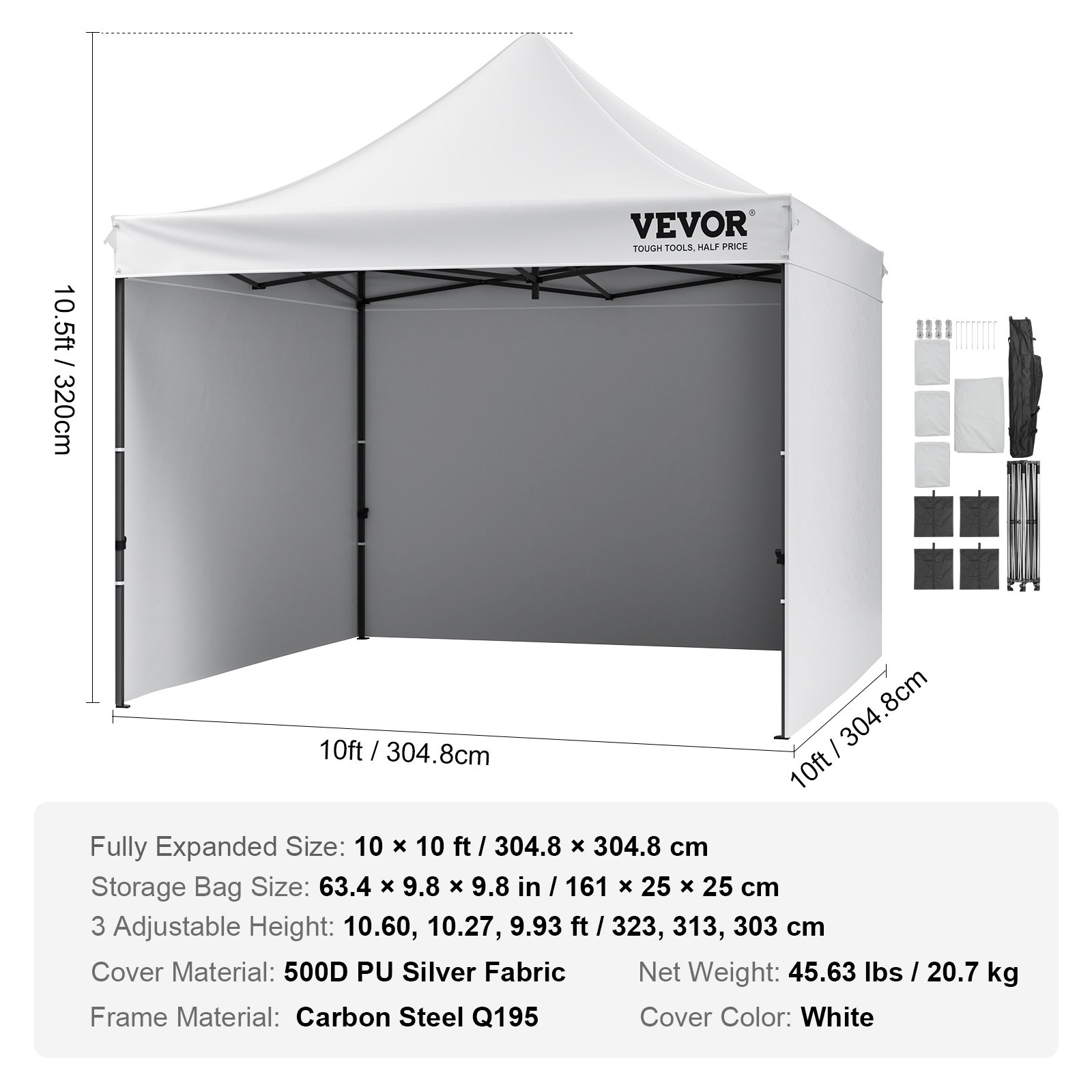 VEVOR Pop Up Canopy Tent Outdoor Gazebo Tent 304.8 x 304.8cm with Sidewalls & Bag White