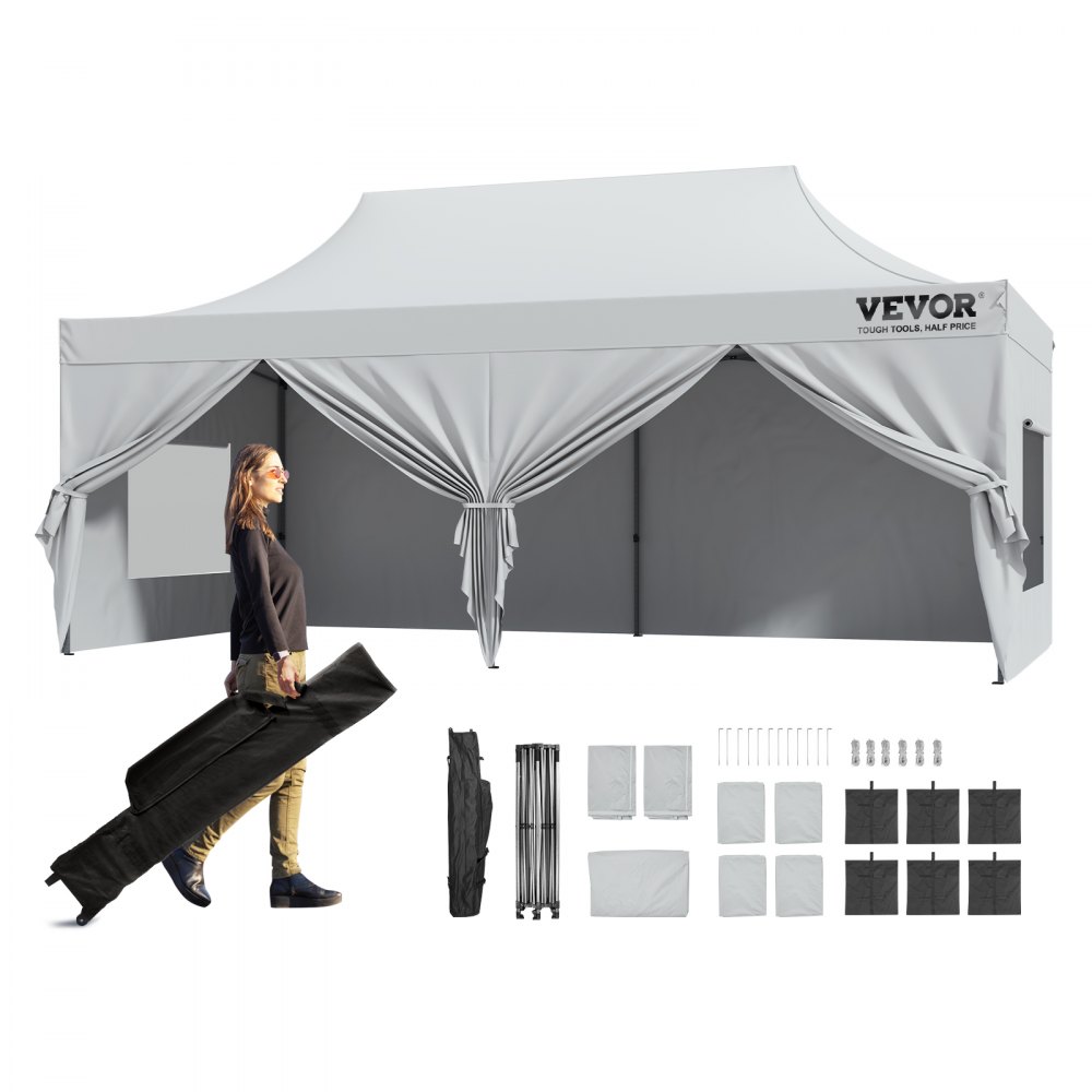 VEVOR Pop Up Canopy Telt Udendørs Gazebo Telt 10x20FT med sidevægge og taske hvid