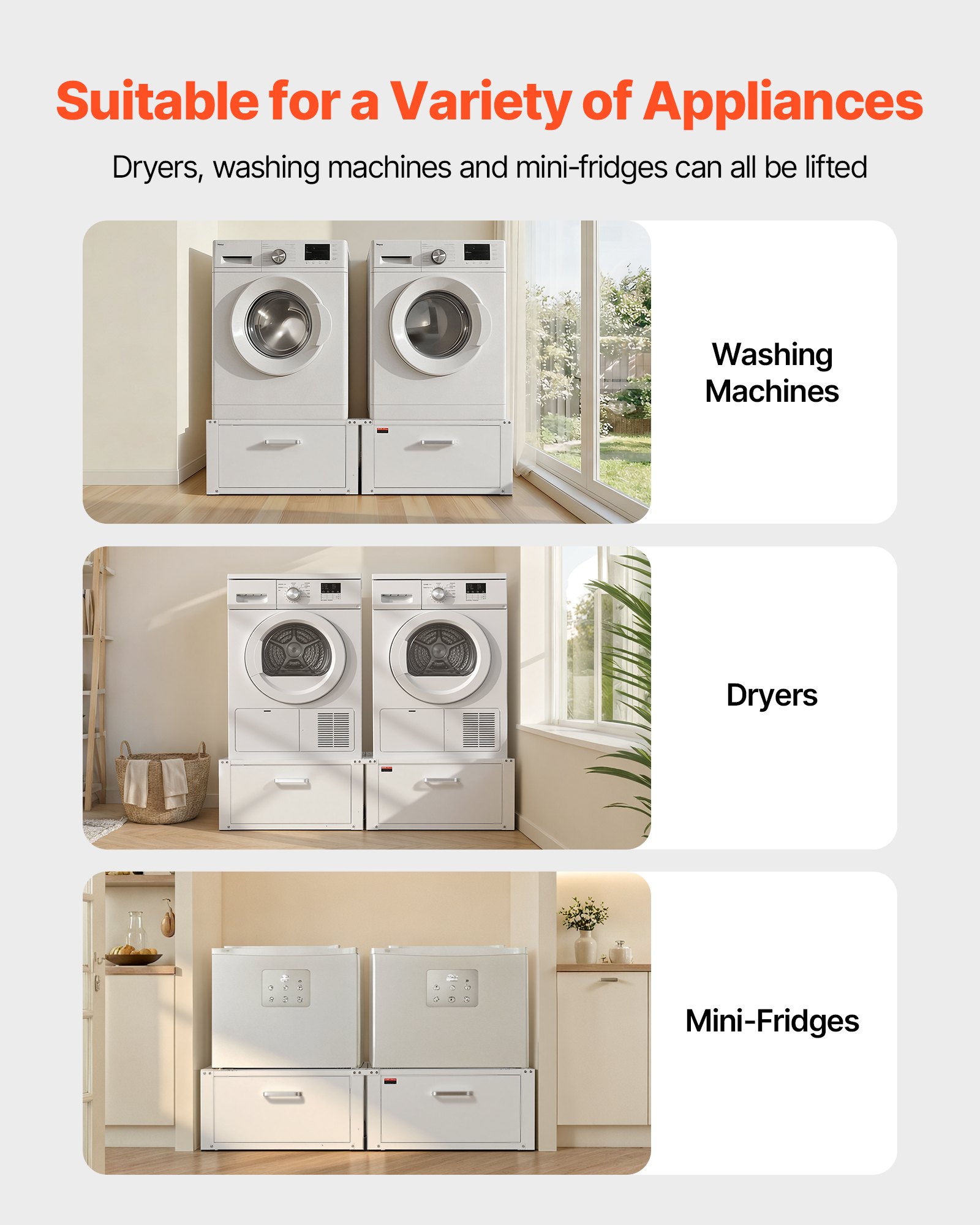 VEVOR Laundry Pedestal, 14 in Height, Washer and Dryer Pedestals with Drawer, 700 lbs Weight Load Capacity, Non-Slip Feet, Heavy-duty Steel Washing Machine Stand Universal Fit, White, 2 Pack