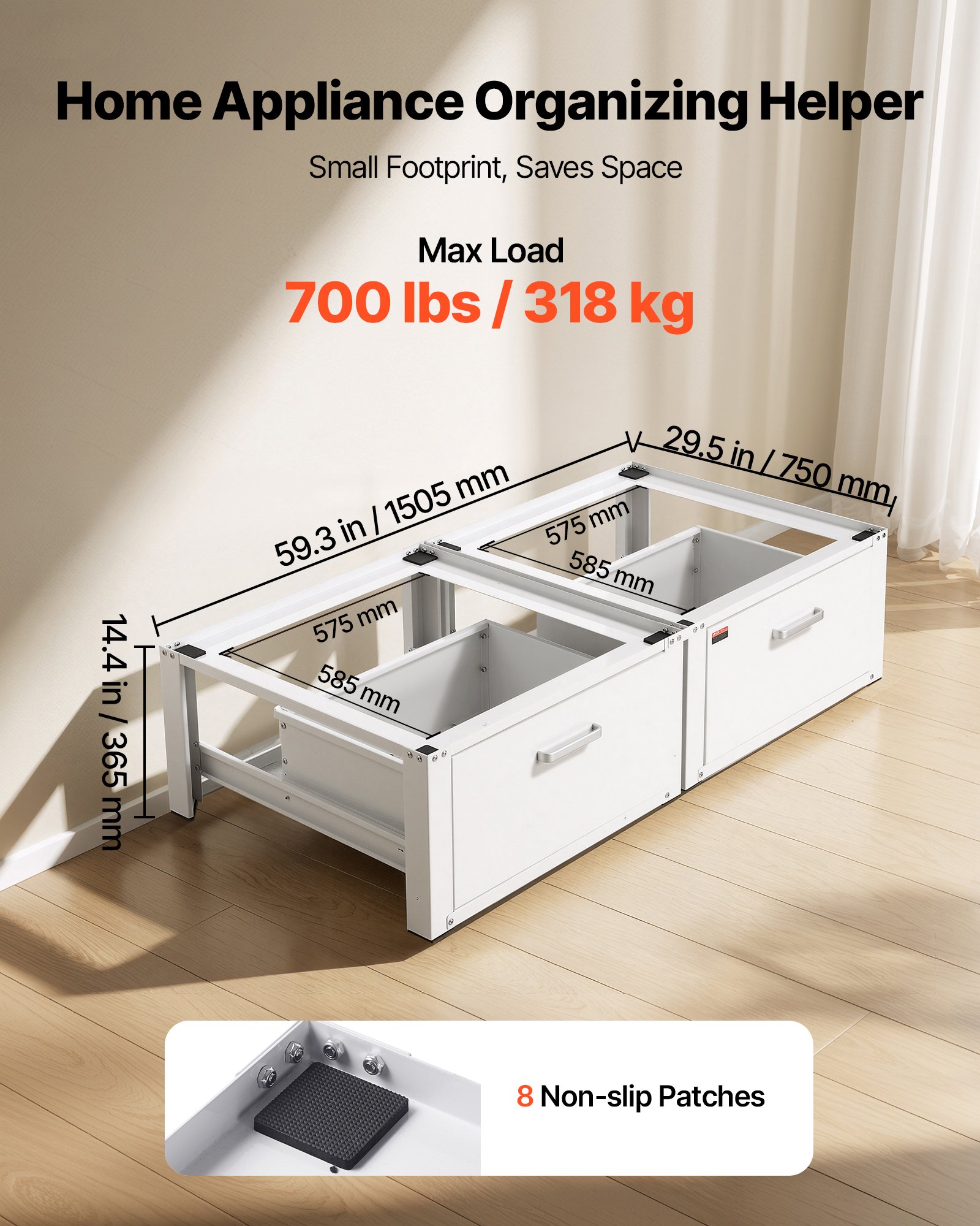 VEVOR Laundry Pedestal, 14 in Height, Washer and Dryer Pedestals with Drawer, 700 lbs Weight Load Capacity, Non-Slip Feet, Heavy-duty Steel Washing Machine Stand Universal Fit, White, 2 Pack