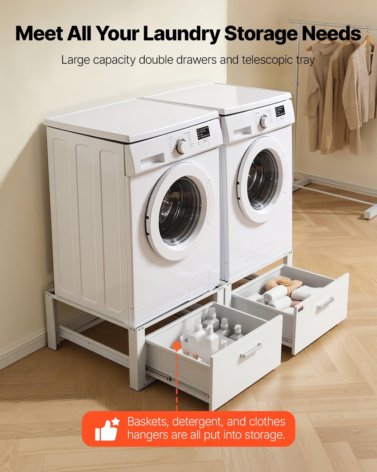 VEVOR Laundry Pedestal, 14 in Height, Washer and Dryer Pedestals with Drawer, 700 lbs Weight Load Capacity, Non-Slip Feet, Heavy-duty Steel Washing Machine Stand Universal Fit, White, 2 Pack