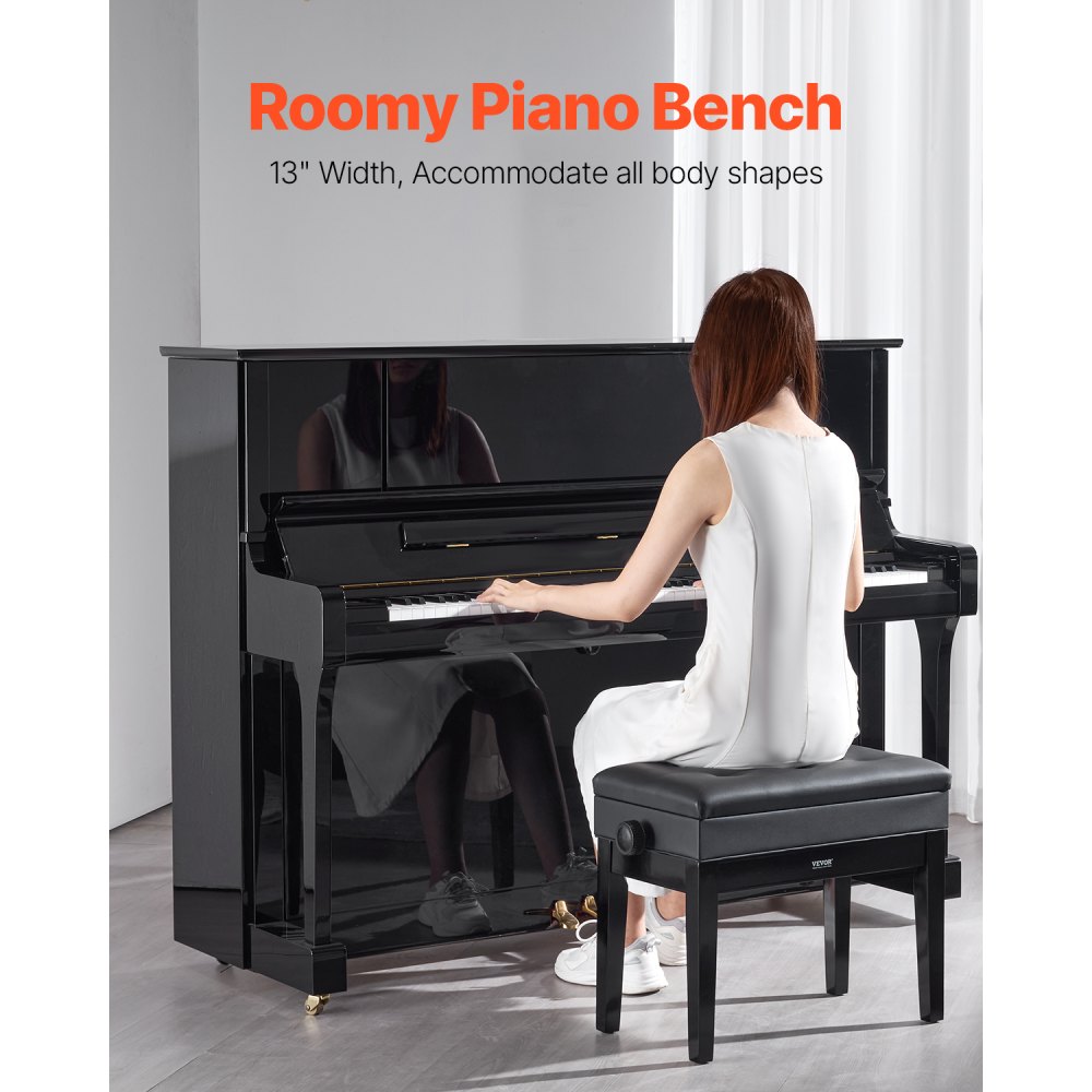 Banco para piano VEVOR, 56 x 33 x 49 cm, silla para teclado con altura ajustable de 49 a 58 cm, cojín acolchado, compartimento de almacenamiento para libros de música, taburete de madera para piano, ideal para tocador o sala de estar.