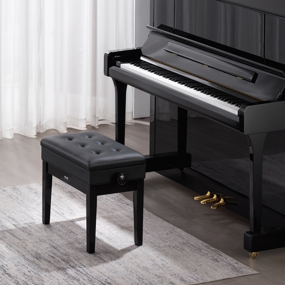 Banco para piano VEVOR, 56 x 33 x 49 cm, silla para teclado con altura ajustable de 49 a 58 cm, cojín acolchado, compartimento de almacenamiento para libros de música, taburete de madera para piano, ideal para tocador o sala de estar.