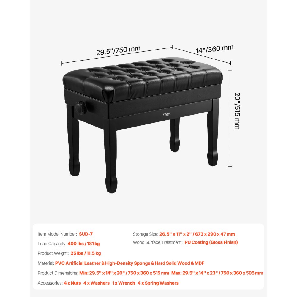 VEVOR Piano Bench, Duet Keyboard Piano Chair with 20.3"-23.4” Adjustable Height, High-Density Padded Cushion, Storage Compartment for Music Books, Wooden Piano Stool Seat, for Vanity, Living Room