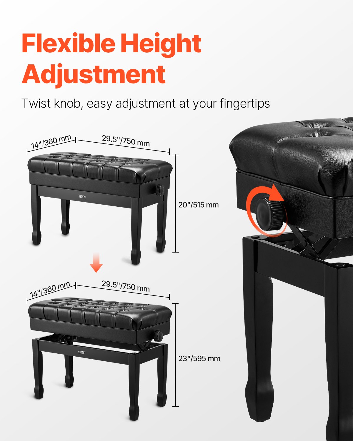 VEVOR Piano Bench, Duet Keyboard Piano Chair with 20.3"-23.4” Adjustable Height, High-Density Padded Cushion, Storage Compartment for Music Books, Wooden Piano Stool Seat, for Vanity, Living Room