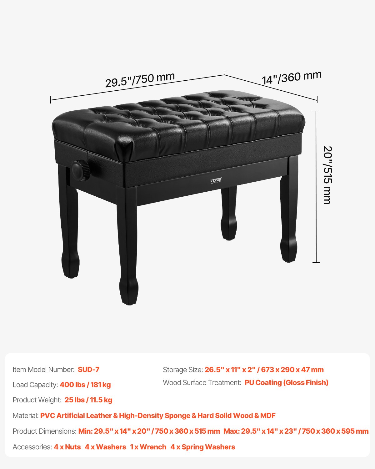 VEVOR Piano Bench, Duet Keyboard Piano Chair with 20.3"-23.4” Adjustable Height, High-Density Padded Cushion, Storage Compartment for Music Books, Wooden Piano Stool Seat, for Vanity, Living Room