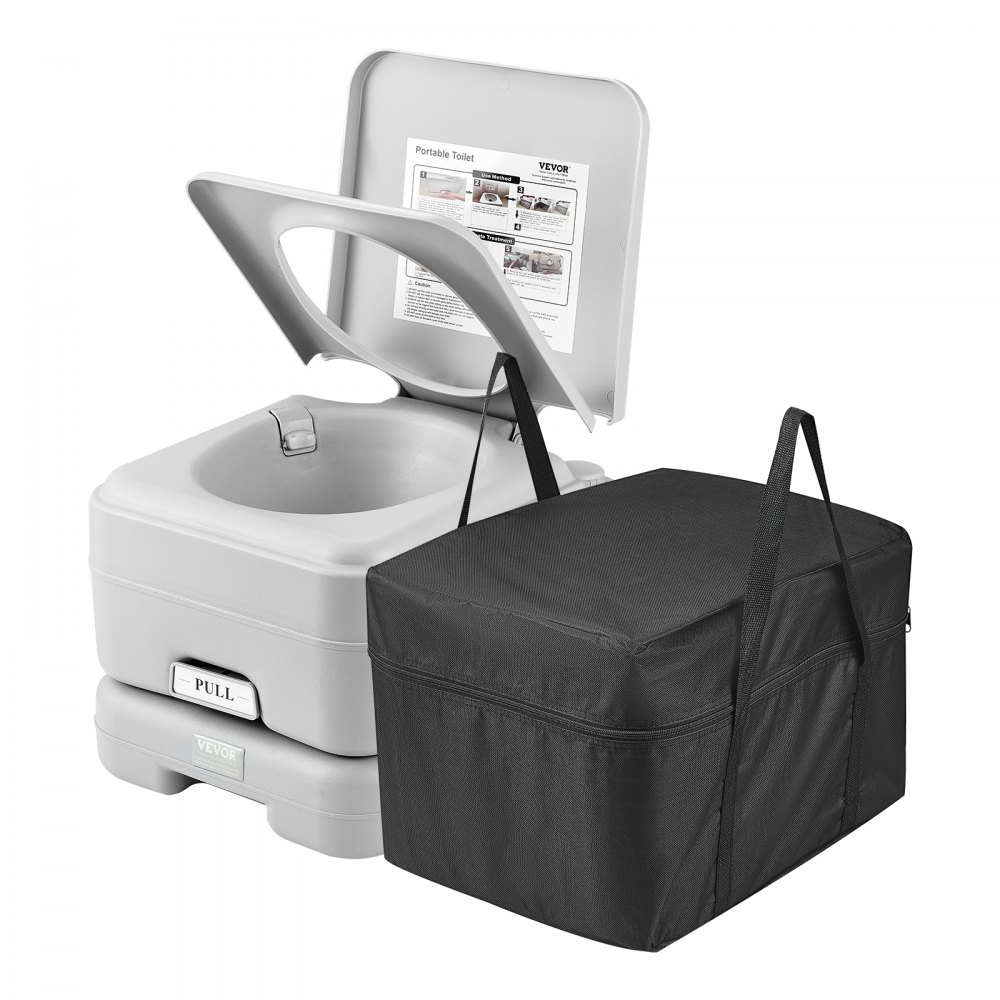 VEVOR portable toilet with open lid and accompanying black carrying bag.