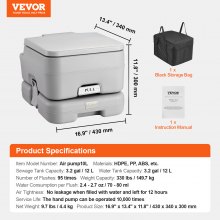VEVOR Portable Toilet for Camping, Porta Potty with 3.2 Gal Waste Tank & 3.2 Gal Flush Tank, Push-Button Pressurized Flush Commode, Leak-proof and Odourless Travel Toilet for Adults Kids Camping Car