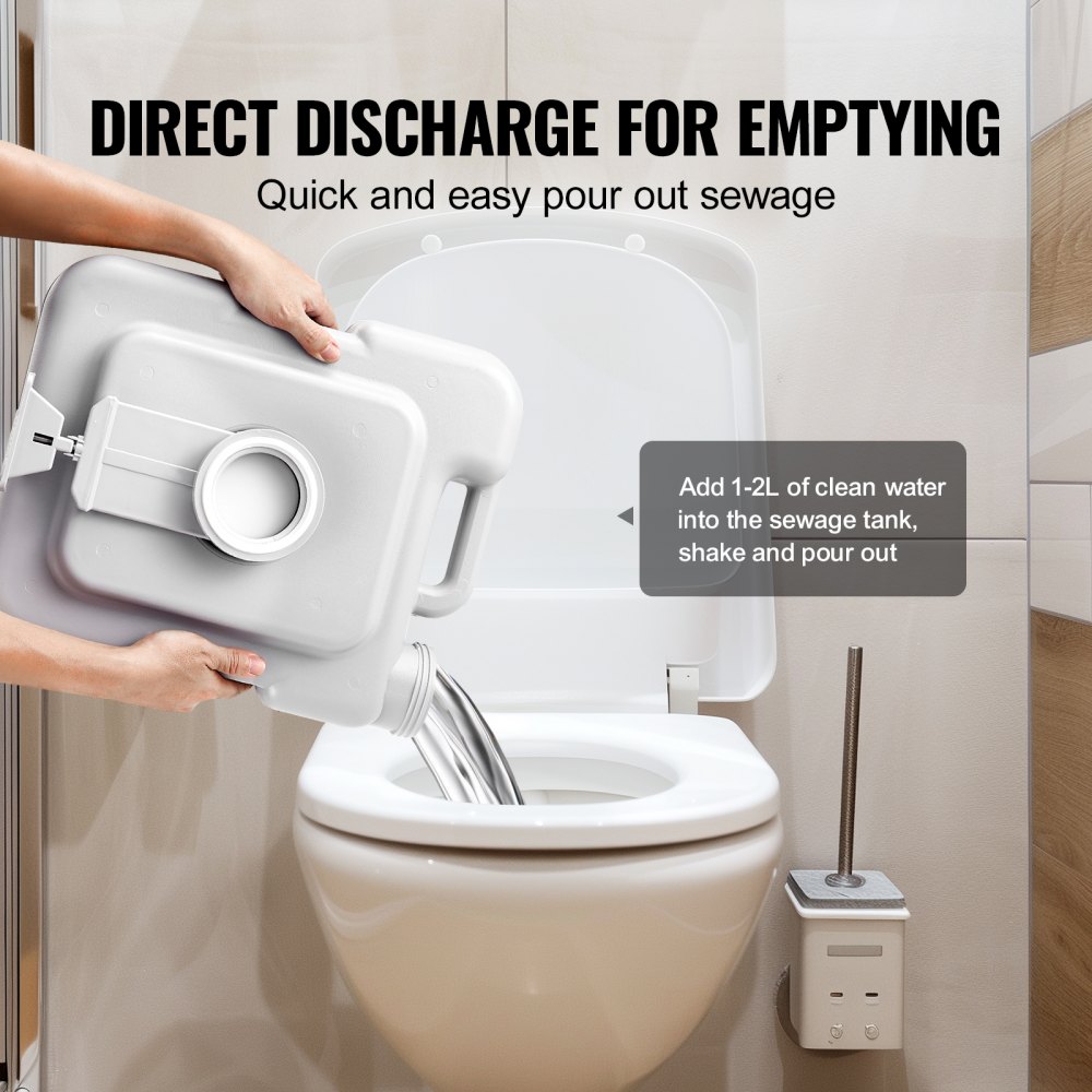 person emptying a VEVOR portable toilet sewage tank into a household toilet.