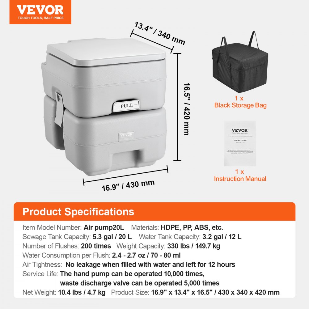 VEVOR portable toilet details with dimensions, black storage bag, and instruction manual.