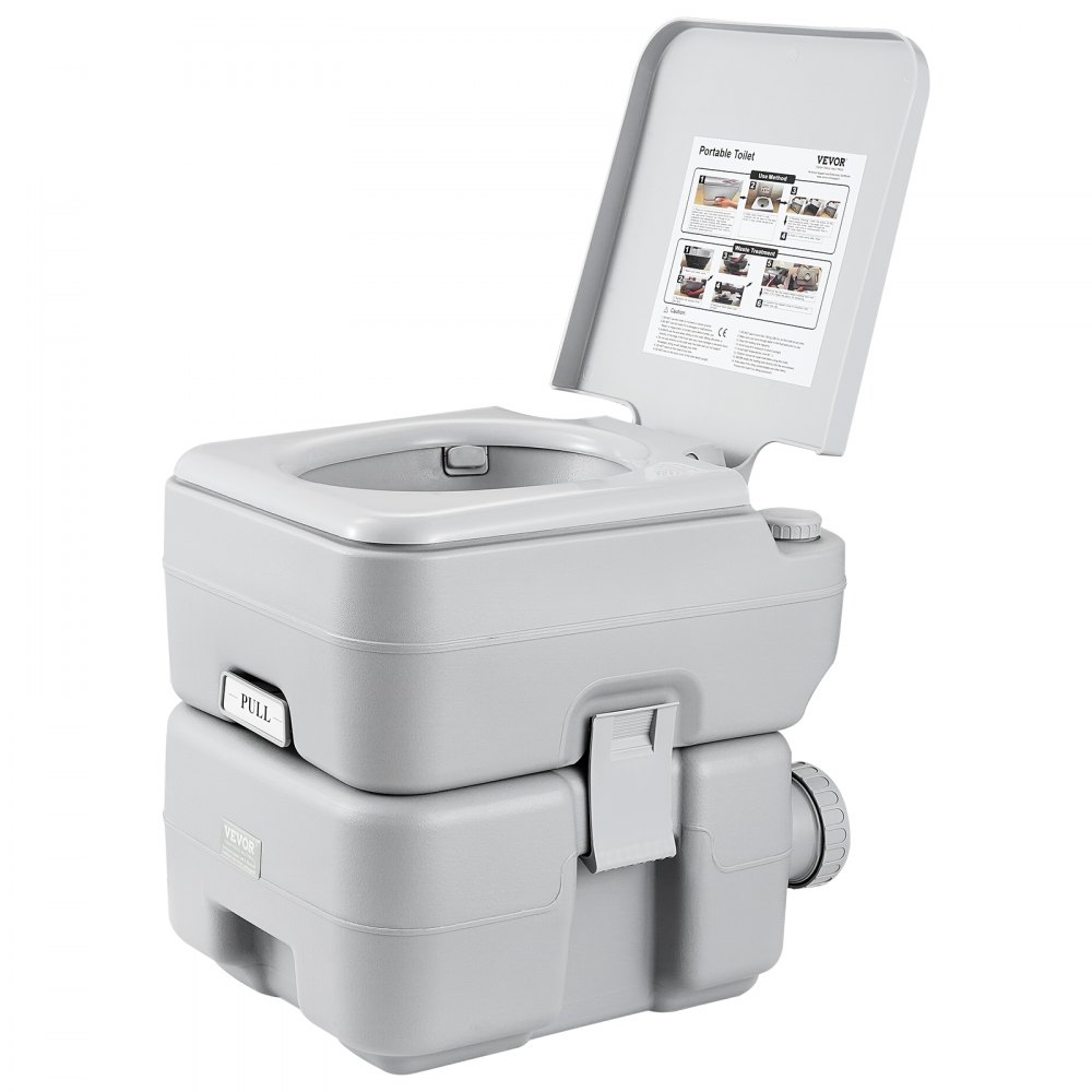 VEVOR portable toilet, compact, light gray, with lid open, essential for camping and travel.
