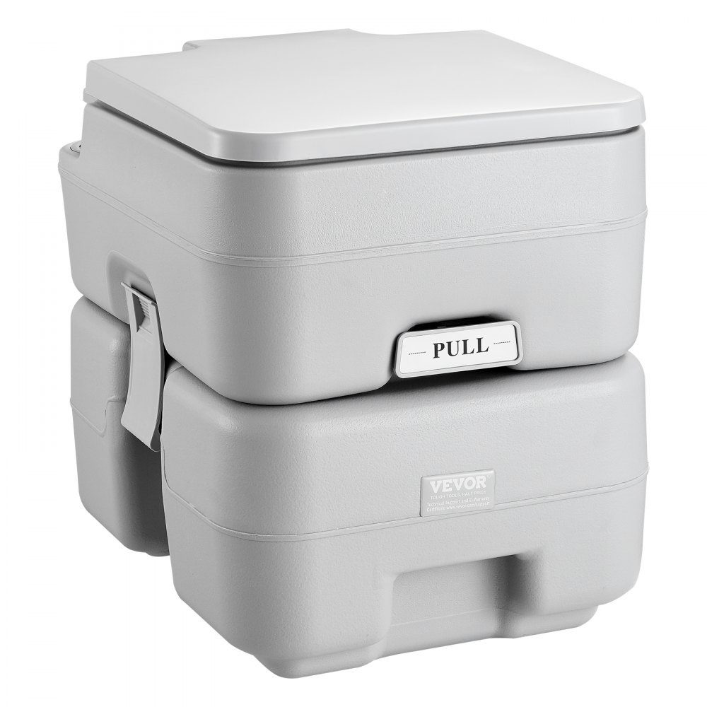 VEVOR portable toilet in light grey with pull lever and side clips for secure closure.