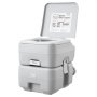 VEVOR portable toilet, grey, with open lid and instructional label inside, pull handle on the front.