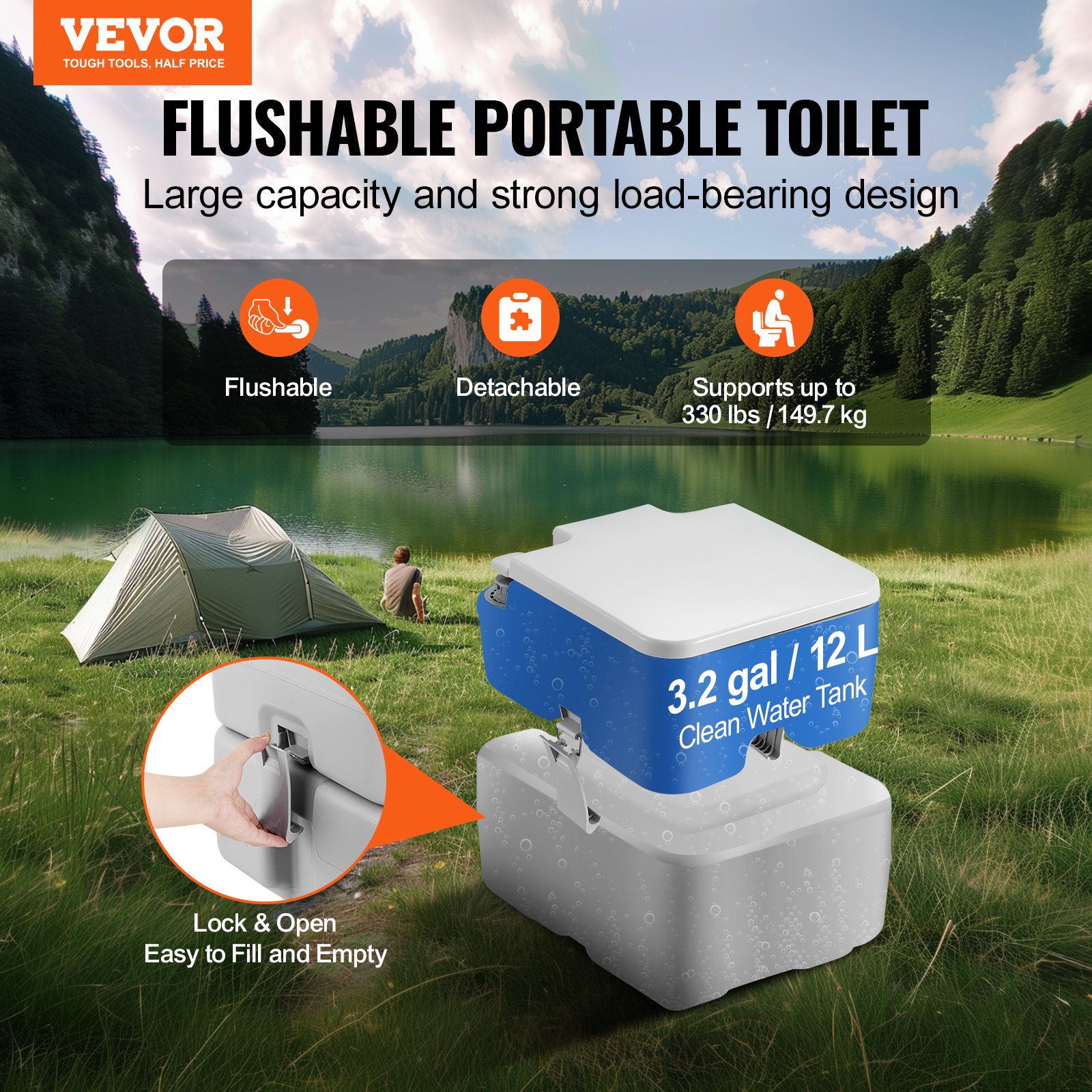 VEVOR portable toilet with 3.2-gallon water tank, detachable design, suitable for camping by the lake.