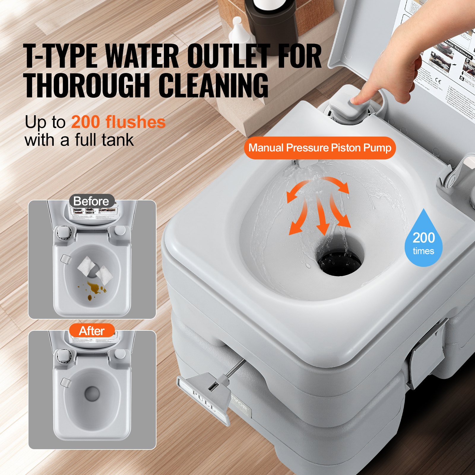 VEVOR portable toilet with t-type water outlet, manual pressure piston pump, up to 200 flushes