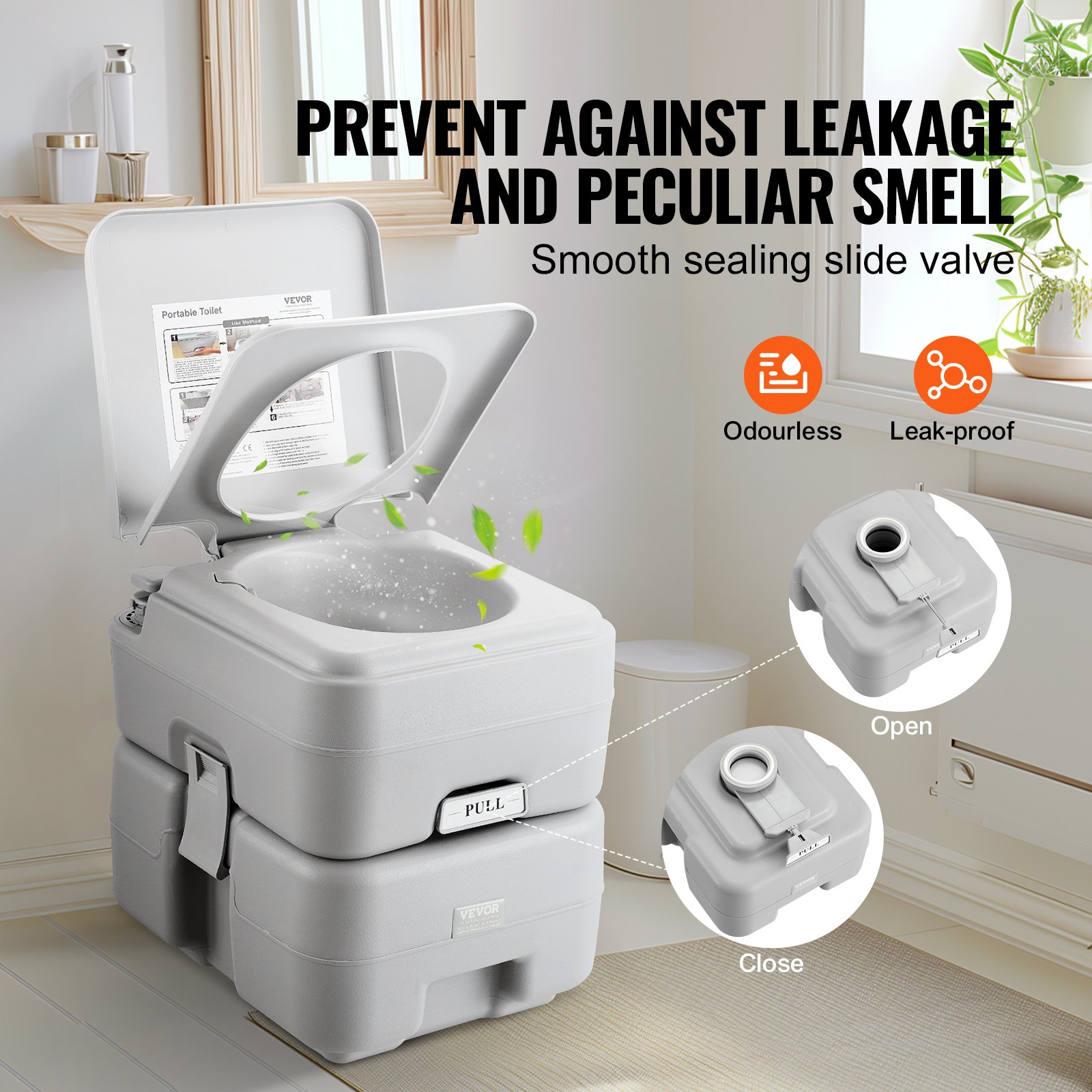 VEVOR portable toilet in a bathroom setting, showcasing leak-proof and odourless features.