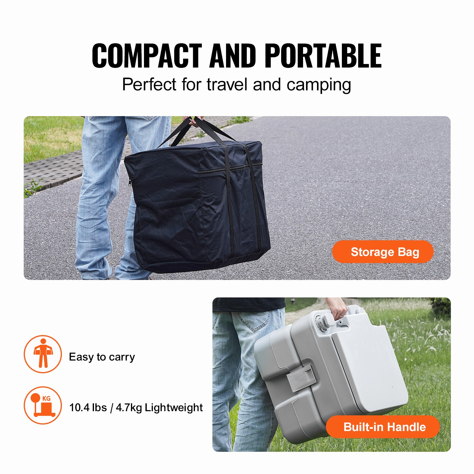 VEVOR portable toilet in storage bag and with built-in handle, weights 10.4 lbs, easy to carry for camping.