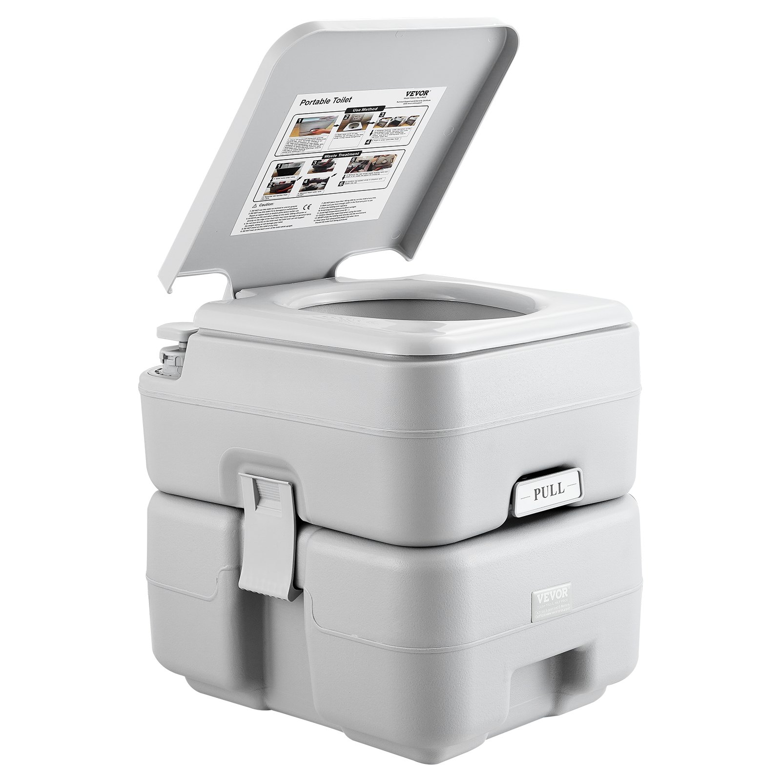VEVOR portable toilet with an open lid, showing the inside and functional details.