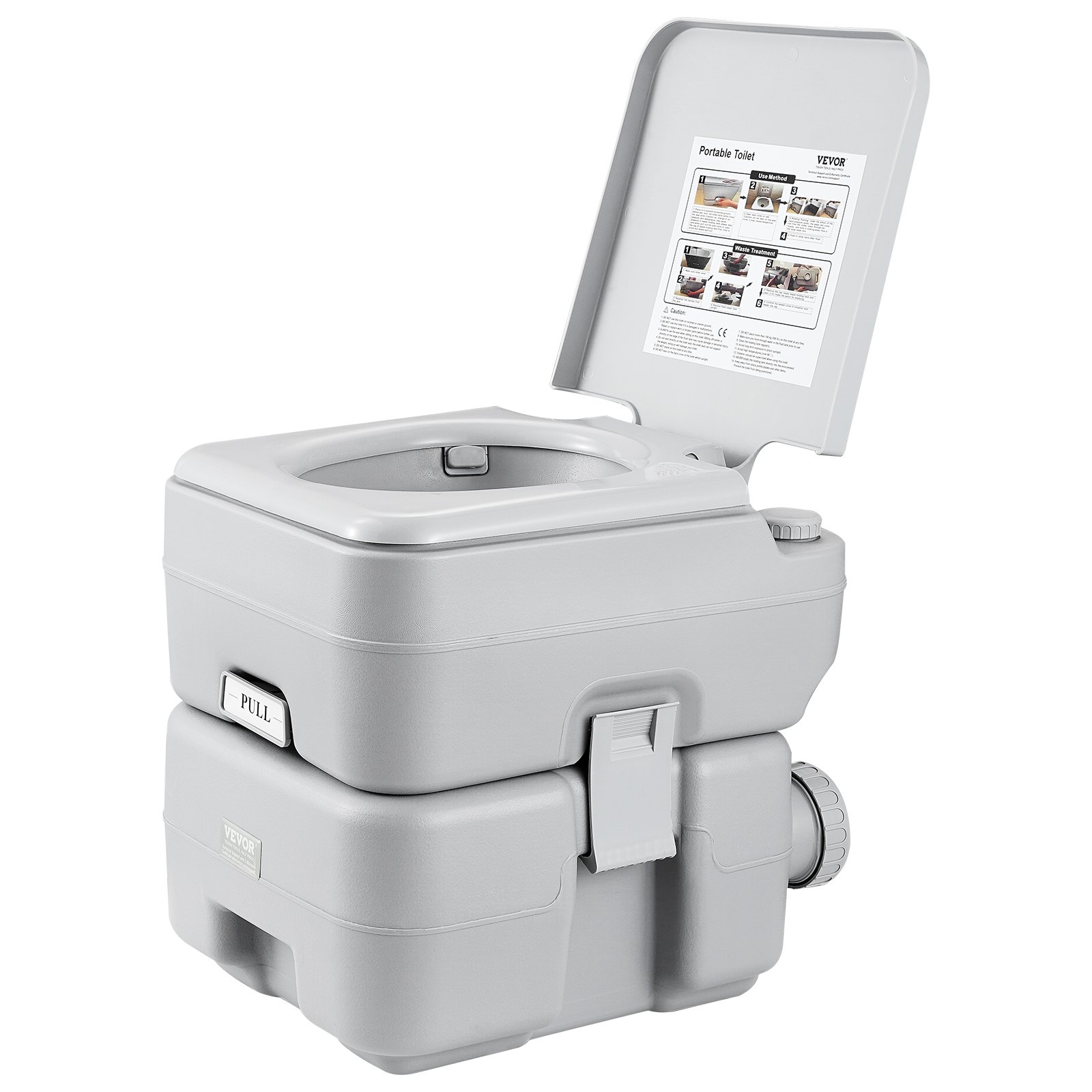 VEVOR portable toilet, compact, light gray, with lid open, essential for camping and travel.