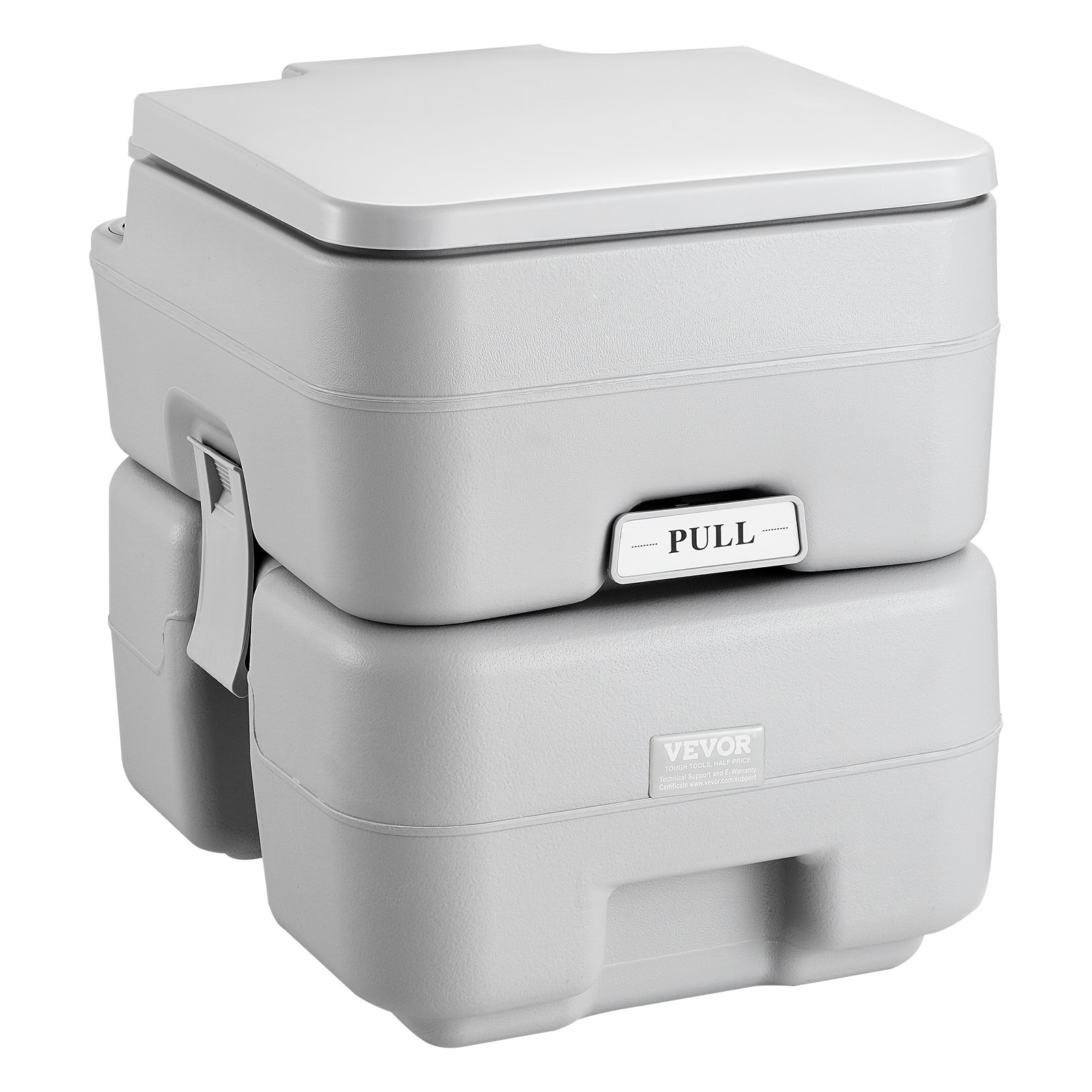 VEVOR portable toilet in light grey with pull lever and side clips for secure closure.
