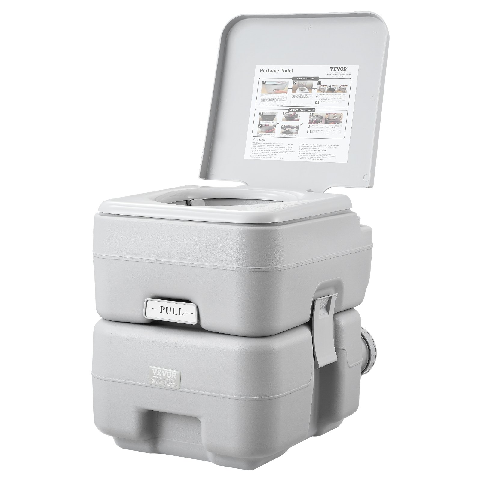 VEVOR portable toilet, grey, with open lid and instructional label inside, pull handle on the front.