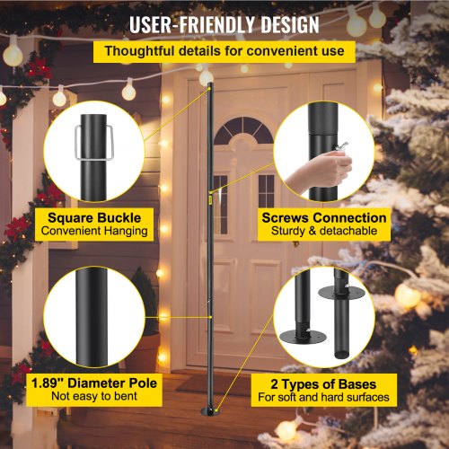 VEVOR String Light Poles, 2 Pack 10.6 FT, Outdoor Powder Coated Steel Lamp Post with Hooks to Hang Lantern and Flags, Universal Mounting Options to Decorate Garden, Patio, and Deck for Party, Black