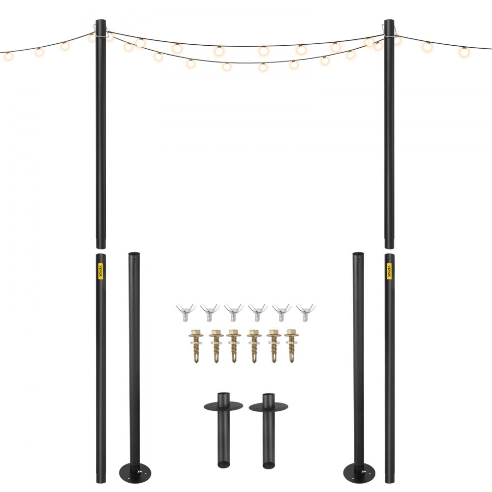 VEVOR string light poles with mounting hardware and string lights.