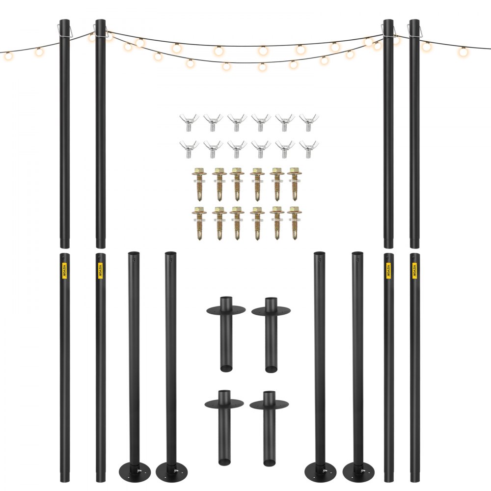 VEVOR outdoor string light poles set with poles, screws, and wing nuts.