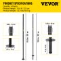 VEVOR outdoor string light poles, 10.6 ft height, 4-pack, 32.2 lbs, detailed dimensions.