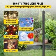 VEVOR String Light Poles, 4 Pack 10.6 FT, Outdoor Powder Coated Steel Lamp Post with Hooks to Hang Lantern and Flags, Decorate Garden, Backyard, Patio, Deck, for Party and Wedding, Black