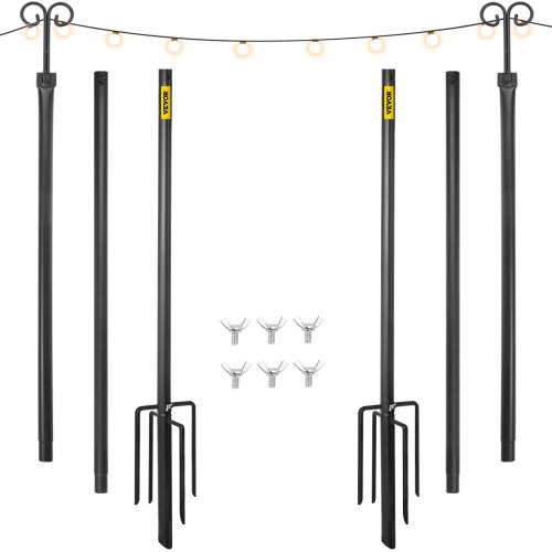 VEVOR String Light Poles, 2 Pack 9.7 FT, Outdoor Powder Coated Stainless Steel Lamp Post with Hooks to Hang Lantern and Flags, Decorate Garden, Backyard, Patio, Deck, for Party and Wedding, Black