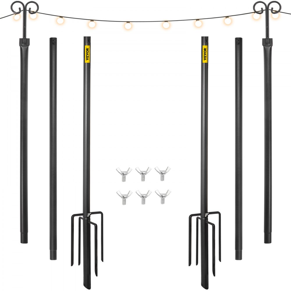 VEVOR string light poles with stakes, hooks, and screws neatly arranged.