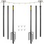 VEVOR string light poles with stakes, hooks, and screws neatly arranged.