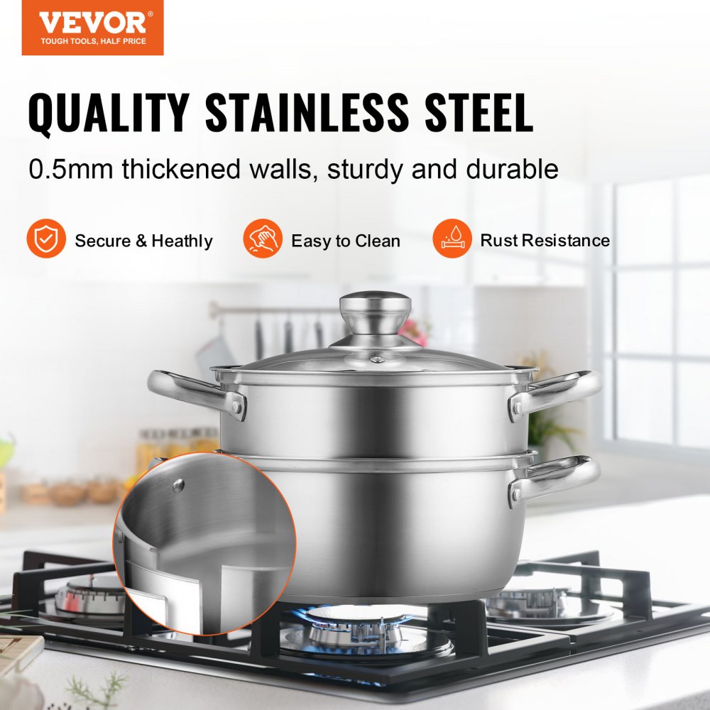 VEVOR Steamer Pot 8.66 in. Steamer Pot for Cooking with 3 qt. Stock Pot and Vegetable Steamer Stainless Steel Food Steamer