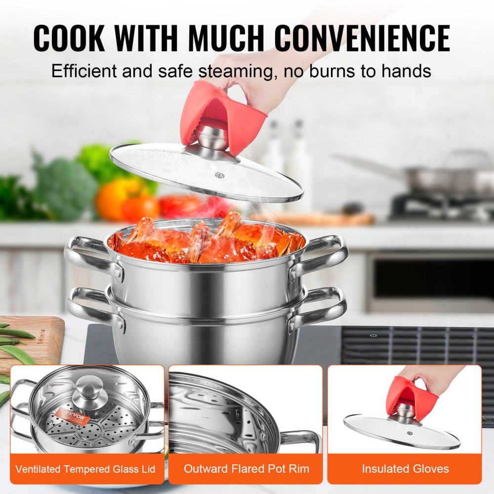 VEVOR steamer pot on stove with insulated gloves lifting tempered glass lid, showcasing outward flared pot rim.