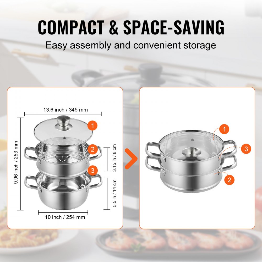 VEVOR steamer pot, compact and space-saving design with easy assembly and convenient storage instructions.