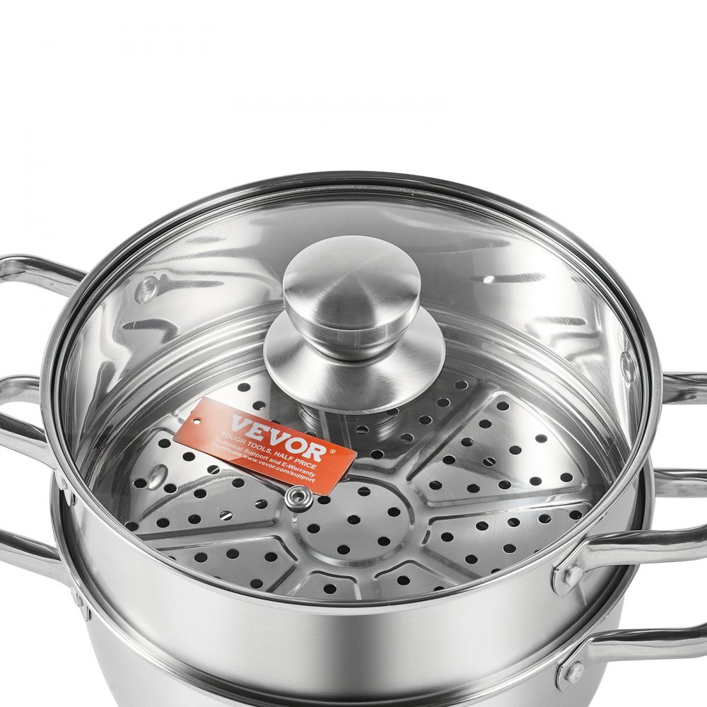 stainless steel VEVOR steamer pot with glass lid and handles, featuring an internal steamer basket.