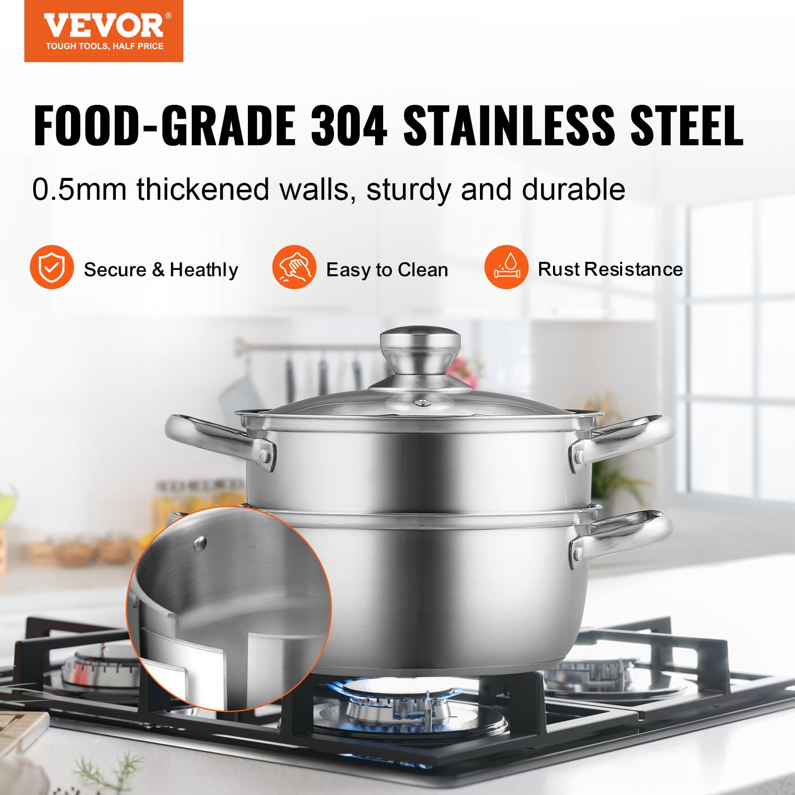 VEVOR steamer pot made of food-grade 304 stainless steel with thickened walls on a gas stove in a kitchen.