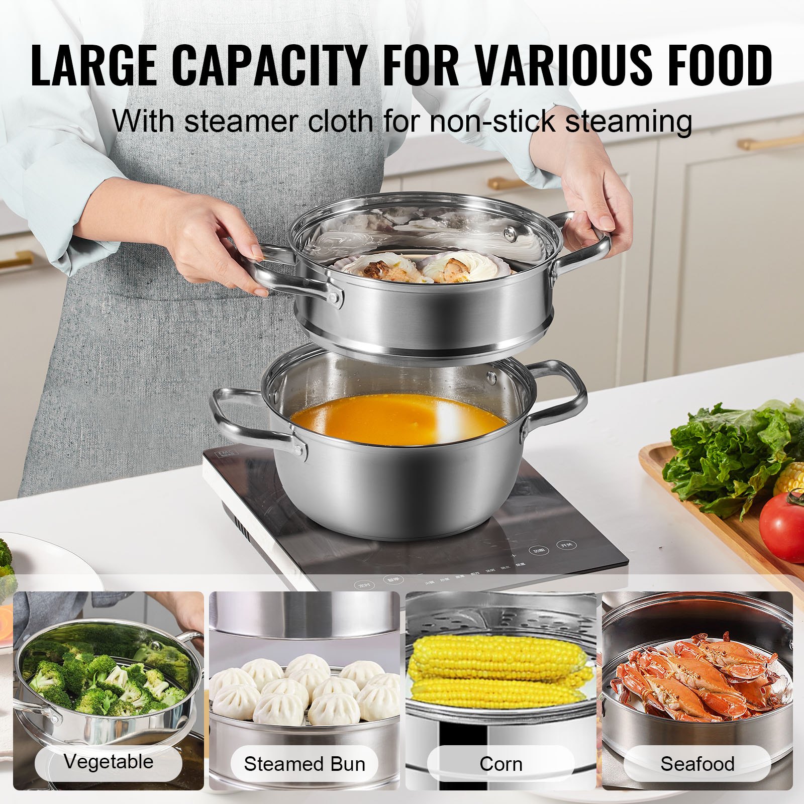 person using a VEVOR steamer pot to make soup and steam buns, vegetables, corn, and seafood in a kitchen.