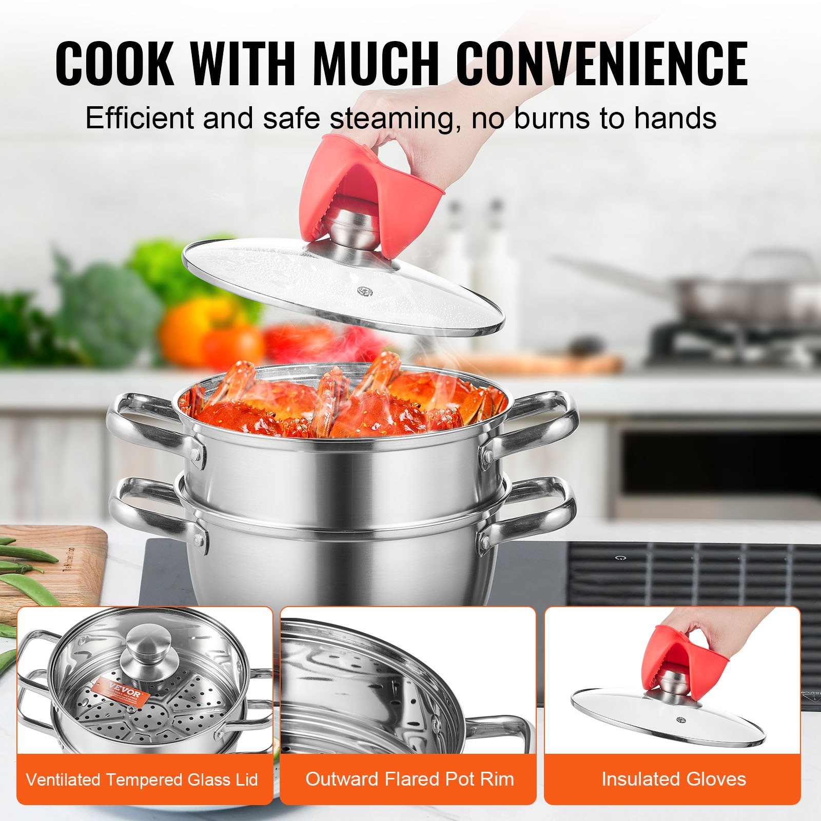 VEVOR steamer pot on stove with insulated gloves lifting tempered glass lid, showcasing outward flared pot rim.
