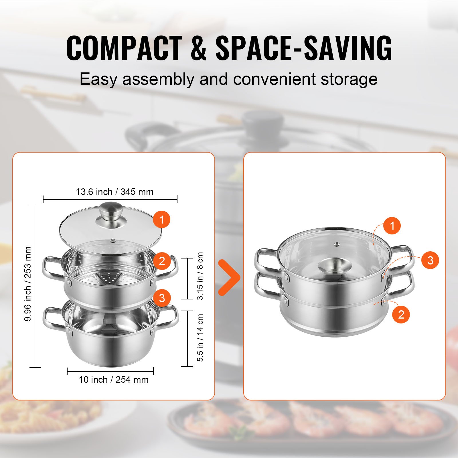 VEVOR steamer pot, compact and space-saving design with easy assembly and convenient storage instructions.