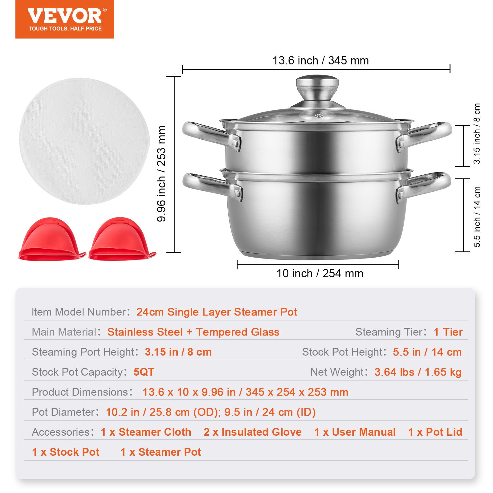 VEVOR steamer pot, stainless steel with tempered glass lid, includes steamer cloth and red gloves.