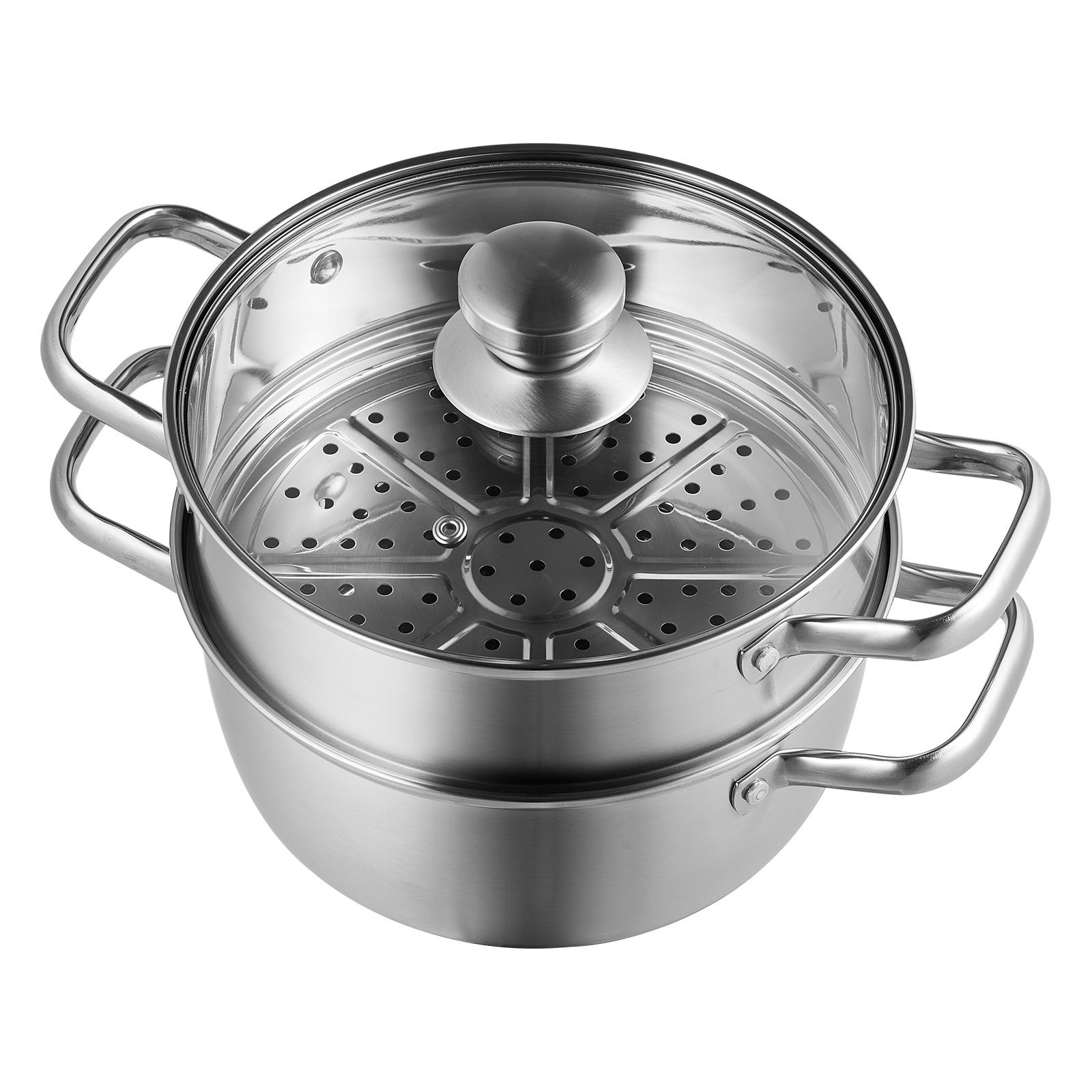stainless steel VEVOR steamer pot with a glass lid and dual-layered design.