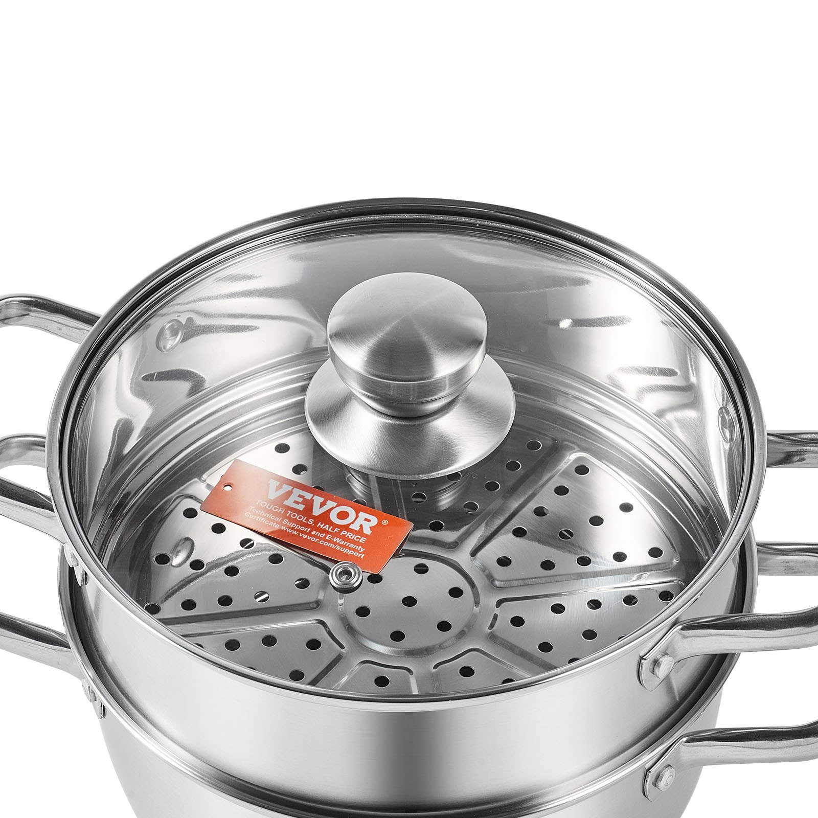 stainless steel VEVOR steamer pot with glass lid and handles, featuring an internal steamer basket.