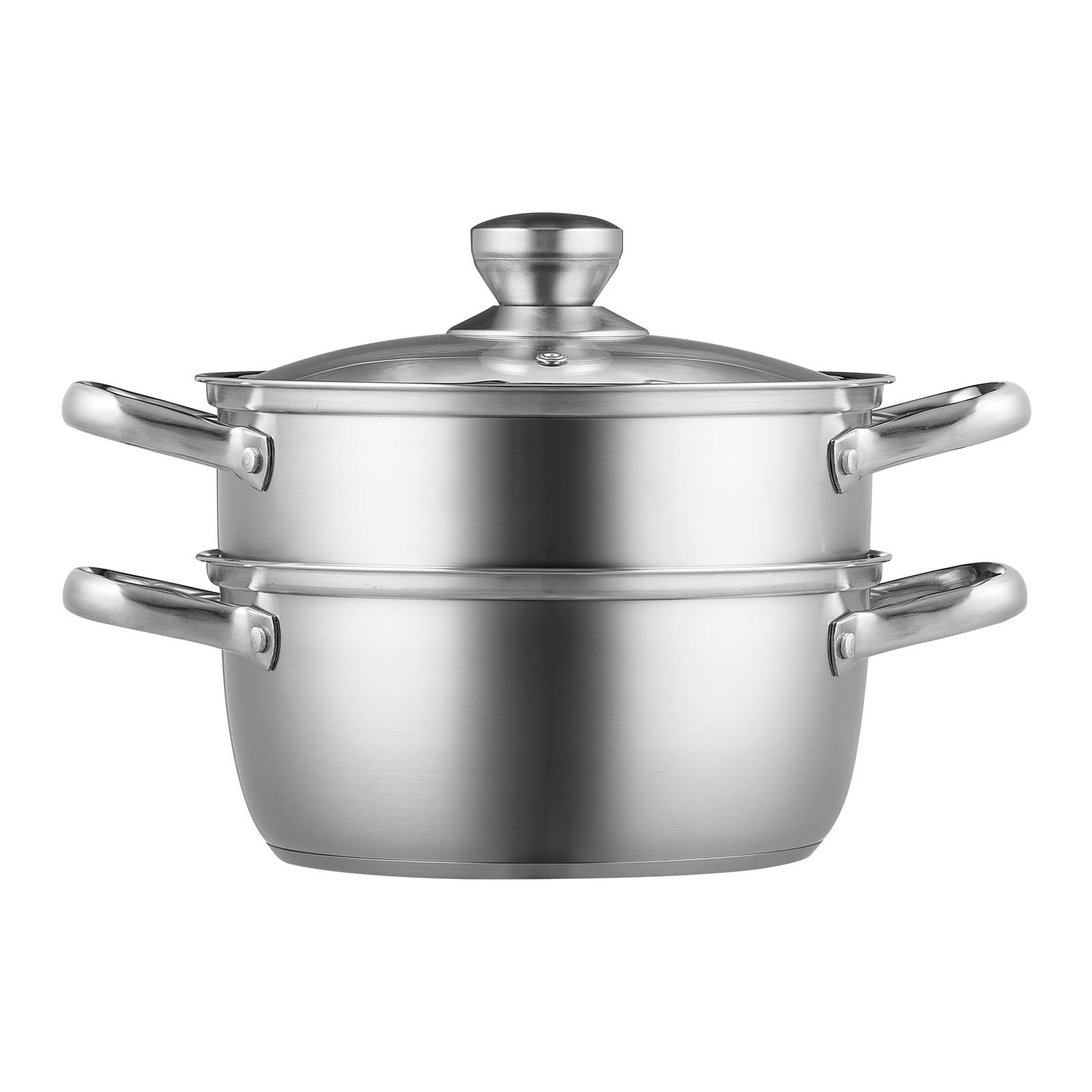 stainless steel VEVOR steamer pot with dual handles and a glass lid.