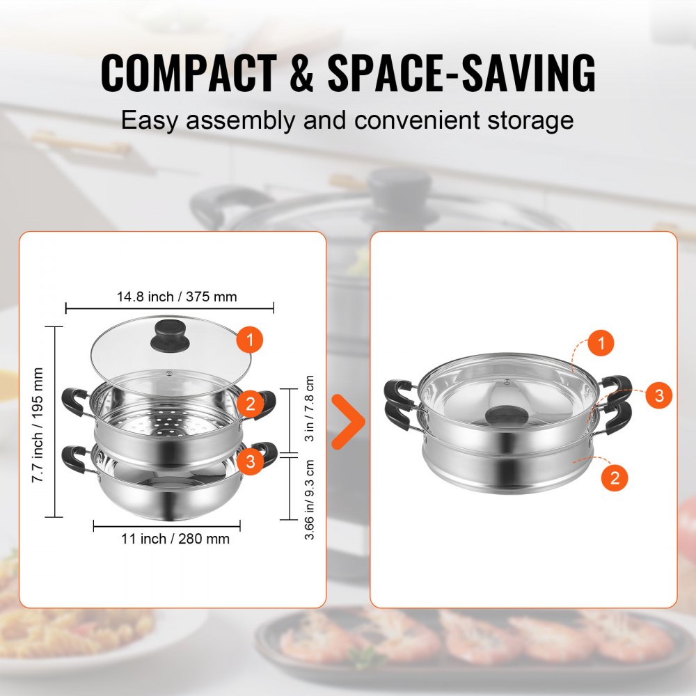 VEVOR Steamer Pot, 28cm Steamer Pot for Cooking with 3QT Stock Pot and Vegetable Steamer, Food-Grade 304 Stainless Steel Food Steamer Cookware with Lid for Gas Electric Induction Grill Stove
