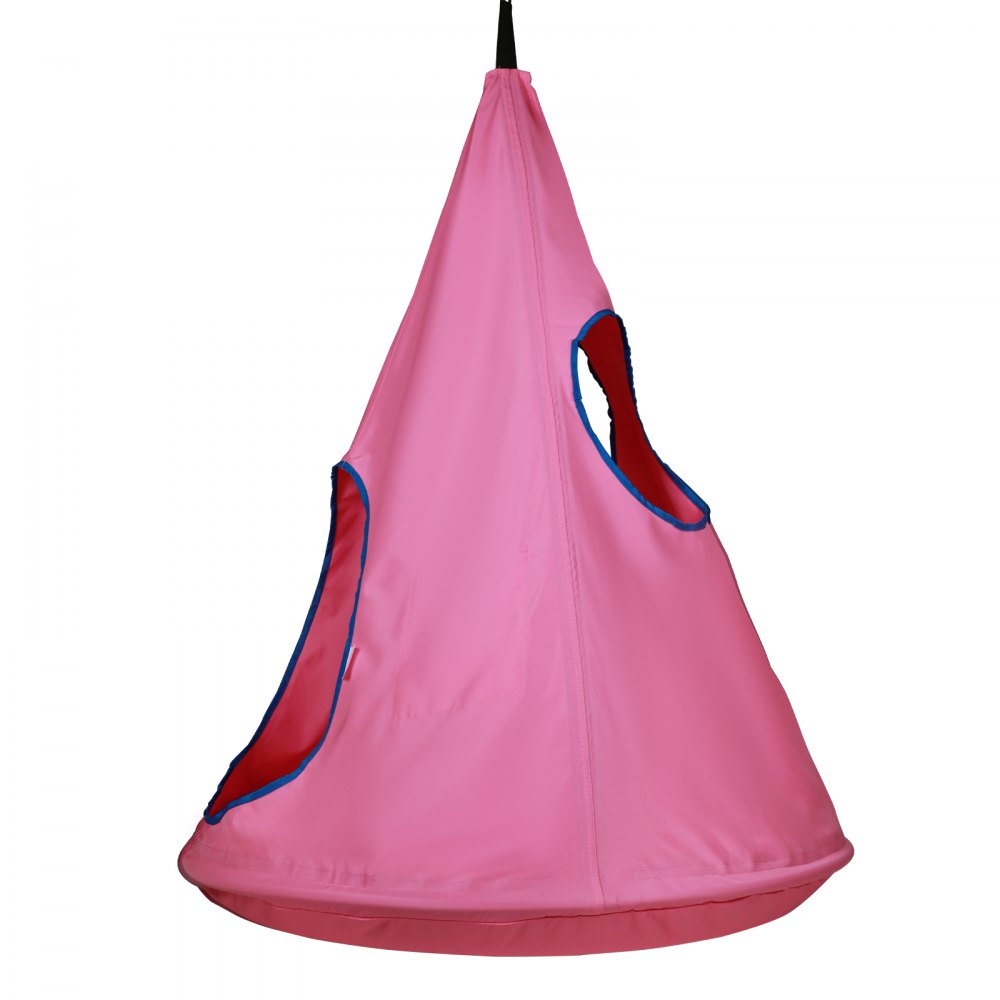 pink hanging VEVOR kids nest swing chair with blue-lined circular openings.