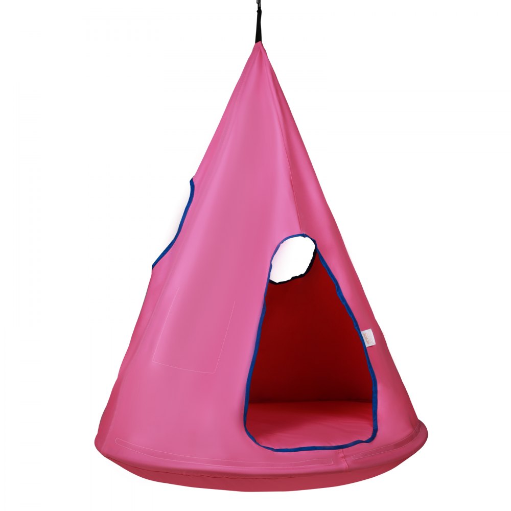pink VEVOR kids nest swing chair with blue trim and round entrance. hanging design for indoor or outdoor use.